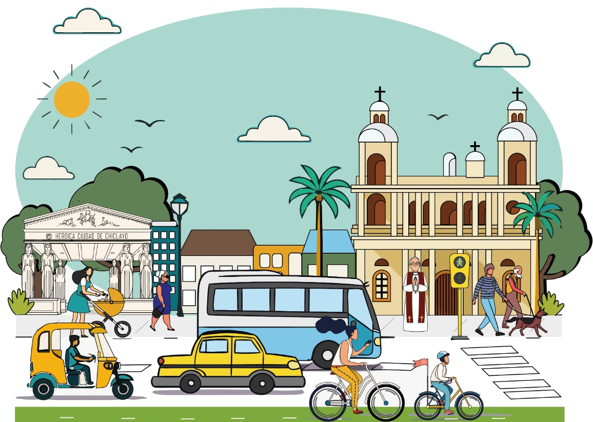 Ilustración de Chiclayo: Arco de la Heroica Ciudad, Catedral, palmeras, bus, taxi, mototaxi, ciclistas y ciudadanía en movimiento